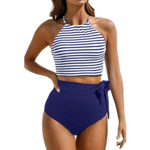 Tempt Me Women High Waisted Bikini Sets - Two Piece Swimsuit High Neck Bathing Suits Tummy Control Swimwear (Small, Blue Stripe)