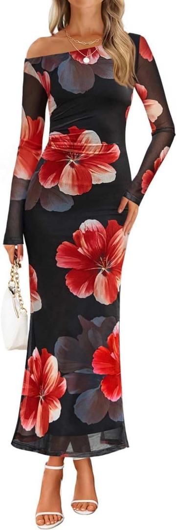 ZESICA Women's Long Sleeve Floral Maxi Dress 2026 Fall Off Shoulder Bodycon Ruched Mesh Cocktail Wedding Guest Dresses (XL)