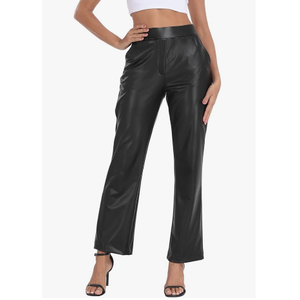 Women's Pull On Faux Leather Pants Black High Waisted PU Leather Kick Flare Pants with Pockets Large