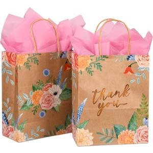 DjinnGlory 25 Pack 10x8x4 Inch Medium Wedding Gift Bags with Pink Tissue Paper, Brown Kraft Floral Paper Bags with Handles, Vintage Floral Thank You Bags for Party Favors, Mother's Day