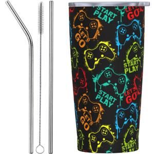 Yobvec Gaming Tumbler Cup with Lid and Straw, 20 Oz Stainless Steel Insulated Gamer Mug Gaming Accessories