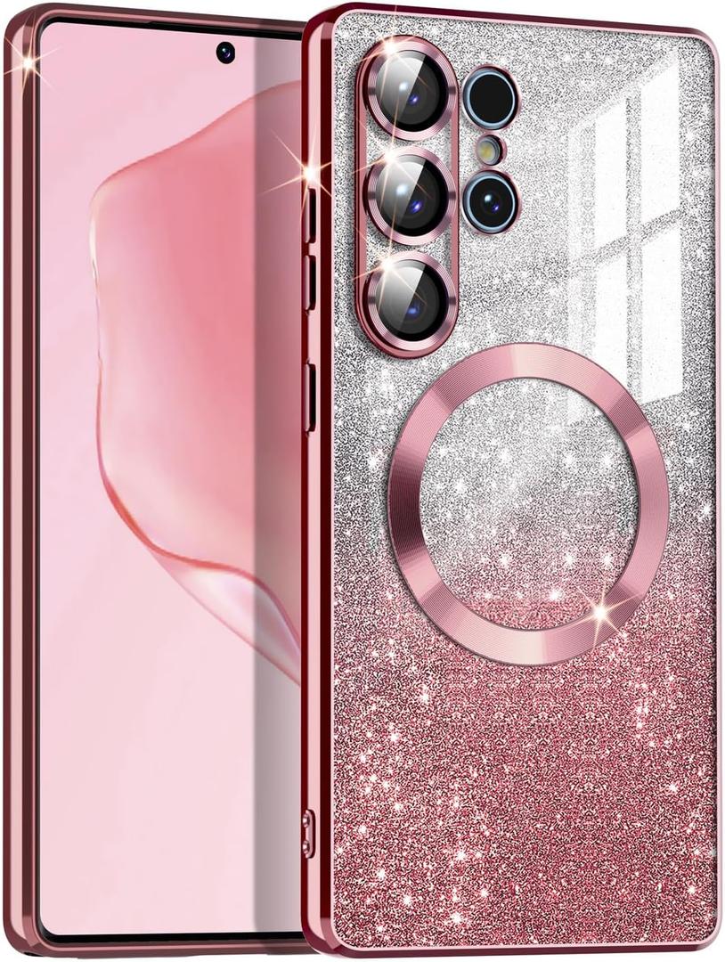 Casetego for Galaxy S25 Ultra 5G Case,Compatible with MagSafe,Clear Magnetic Glitter Gradient Sparkle Luxury Plated Soft TPU Bumper Full Camera Lens Protector for Samsung Galaxy S25 Ultra 5G,Rose Gold