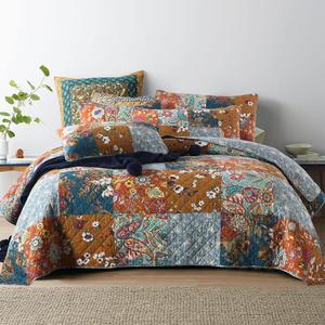Autumn Dream Cotton Bedspread Quilt Sets Reversible Bedding Coverlet Sets Comforter, Paisley Floral Patchwork Yellow Grey Bedspread, King Size (King (96 by108 Inch))
