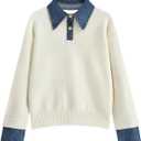 Womens Denim Lapel Sweater Oversized Long Sleeve Button Down Polo Knit Pullover Sweaters 2025 Fall Outfits (Large, White)