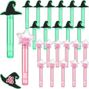 24 Pcs Witch Party Favors Witch Hat and Star Bubble Wands Pink and Green Bubble Wands for Summer Outdoor Goodie Bags Stuffers Carnival Prizes Toy Birthday Treats