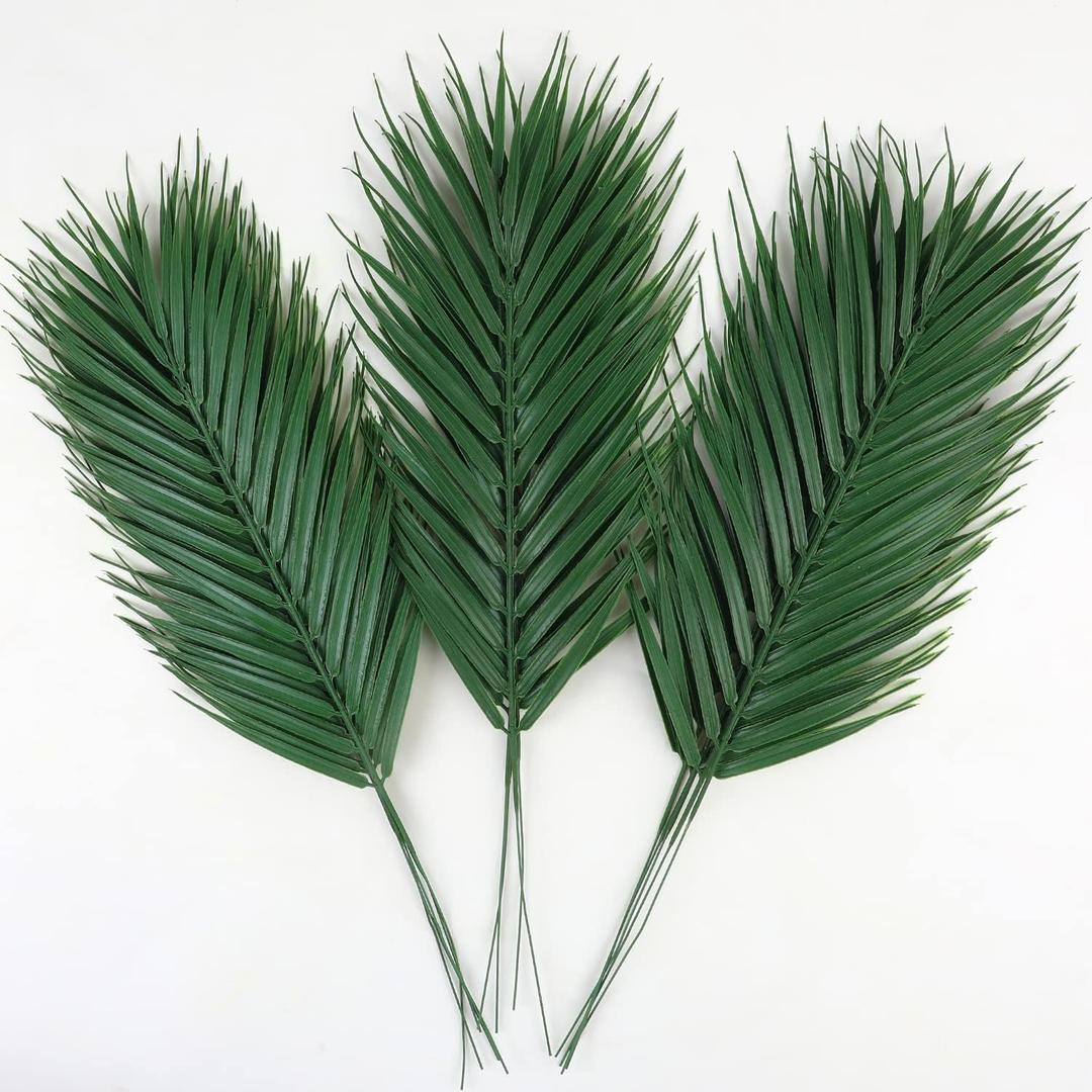 CCINEE 16 PCS Artificial Palm Leaves, Faux Large Palm Fronds Fake Tropical Plant Simulation Safari Leaves with Stems for Home Hawaiian Luau Party Jungle Beach Theme Party Decoration