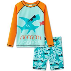 UMELOK Toddler Boys' Swim Rashguard 5t Bathing Suit Boys Long Sleeve Swimming Trunks Rash Guard Set Kids Swimwear Set Orange/ Shark 5T