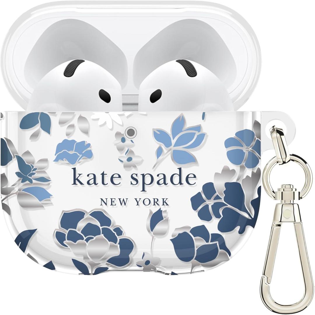Kate Spade New York AirPods 4 Protective Case with Keychain Ring - Flowerbed Blue, Compatible with AirPods 4th Generation