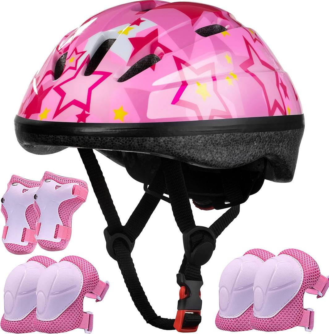 Lamsion Kids Helmet Adjustable for Kids Ages 3-8 Years Old Boys Girls, Toddler Helmet with Protective Sports Gear Set Knee Elbow Pads Wrist Guards for Cycling Skateboard Scooter (Pink)