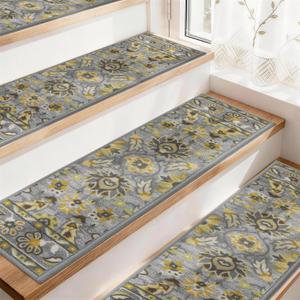 COSY HOMEER-Stair-Treads-for-Wooden-Steps Washable Indoor Carpet Stair Treads Non Slip 8" X 30" Soft Stair Carpet Treads Reusable Peel and Stick Stair Runner Rug for Kids, Elders and Pets 4pcs (Grey/Yellow)