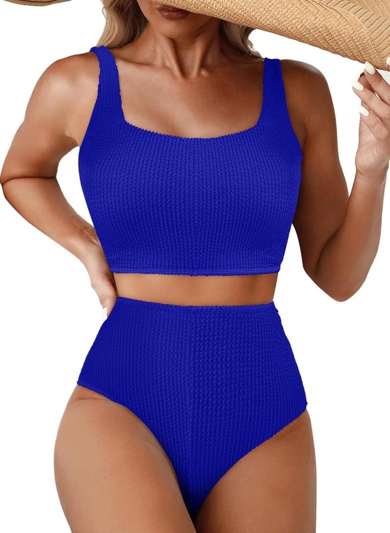 Herseas Women's Bikini Sets Scrunch Square Neck Two Piece Swimsuits High Waisted Bathing Suits (Medium, Royal Blue)