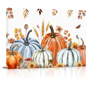 Fall Orange Blue Pumpkin Canvas Print Wall Art Brown Leaves Butterfly Botanical Thanksgiving Harvest Wall Decor Modern Artwork Paintings for Living Room Stretched and Framed Ready to Hang 16" x 24"