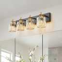 Black Gold Crystal Bathroom Vanity Light, Modern 4-Lights Bathroom Light Fixtures Over Mirror, Crystal Wall Lighting with Polished Gold Finish