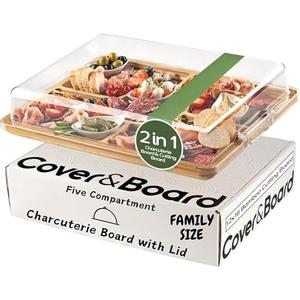 Cover&Board 2-in-1 Charcuterie Board with Lid, Large 12x16 Bamboo Cutting Board and Wooden Tray with 5 Compartments and Clear Cover, Charcuterie and Cheese Server for Entertaining and Travel, Gift Box