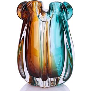 Hand Blown Glass Vase, Murano-Style Colorful Art Glass Centerpiece, Heavy Large Wide Mouth Ruffle Rim, Teal Turquoise and Amber, and Wedding Decorations Living Room Decor (7.48in)
