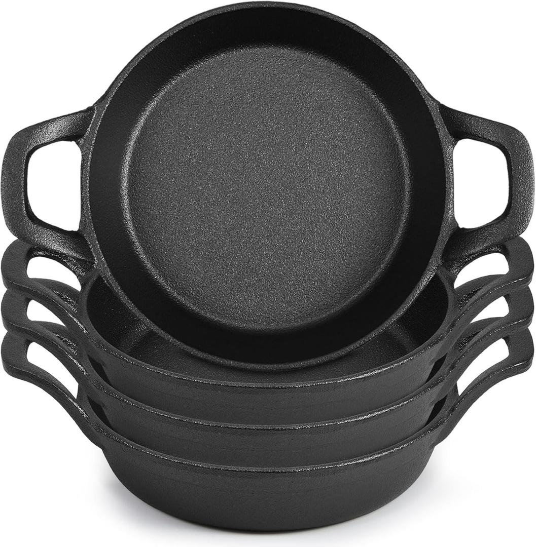 Ziliny Mini Cast Iron Skillets 6.3 x 6.3 x 1.5 Inch Cast Iron Pan Small Ramekin Set Black Casserole Dish Cookware Oven Safe Mini Skillets for Kitchen Indoor Outdoor Picnic (4 Pack)