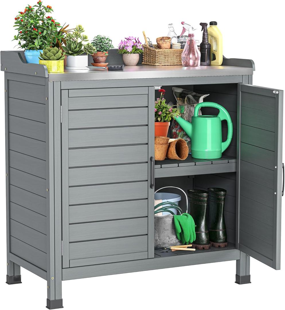 YITAHOME Outdoor Garden Potting Bench with Storage Cabinet, Planting Work Bench w/Metal Tabletop and Removable Shelf, Wood Workstation for Outdoor, Garden, Patio (Gray)
