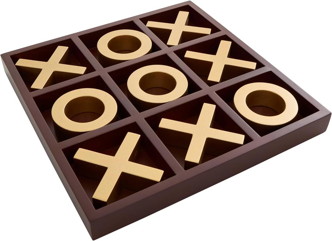 Deco 79 Wooden Tic Tac Toe Game Set with Gold X and O Pieces, 14" x 14" x 2", Brown