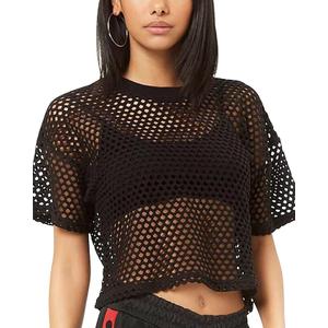 CLOZOZ Women's Mesh Crop Top See Through Fishnet Shirt Crew Neck Sheer Cover Up, Size M