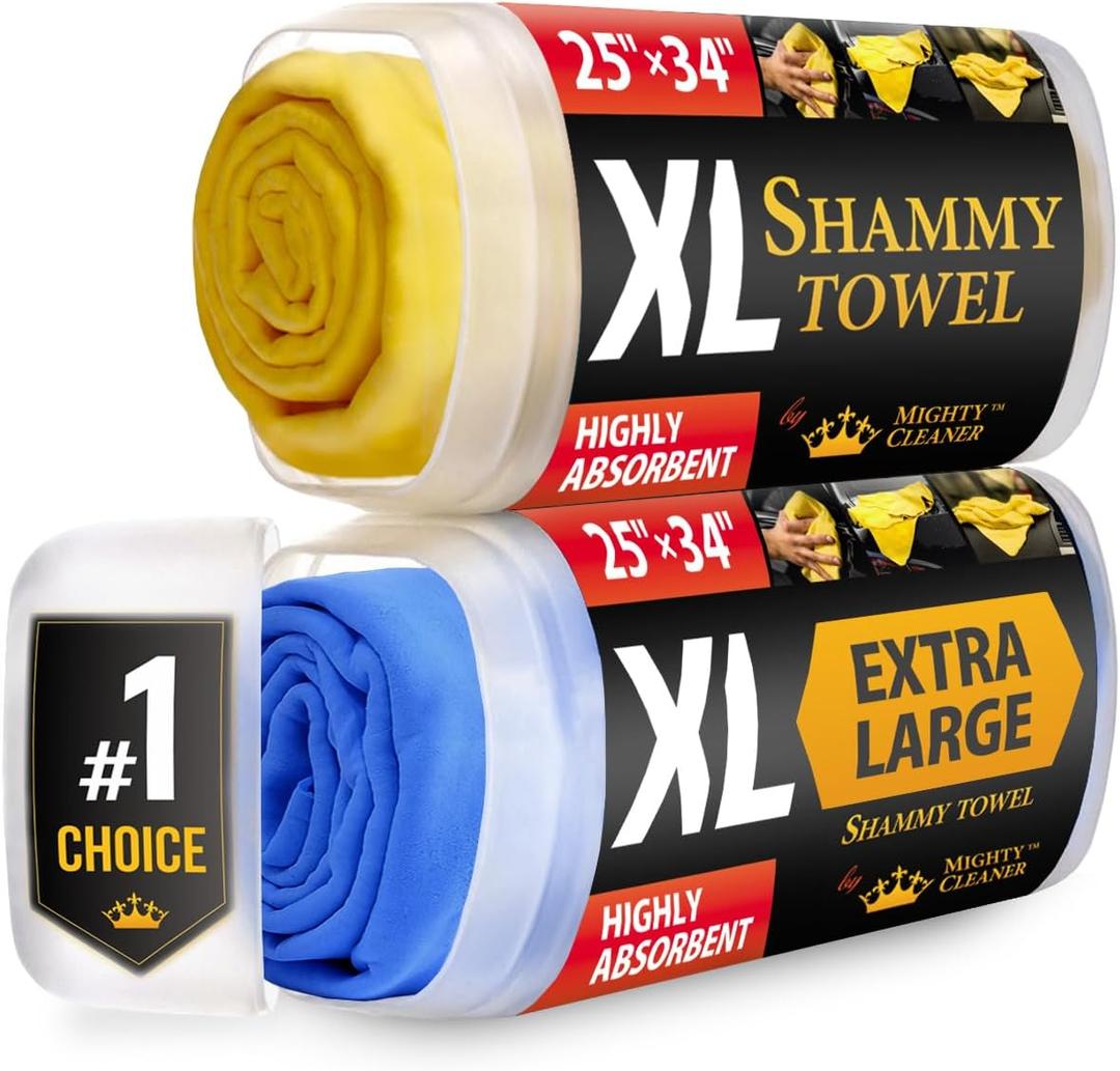 Premium XL Shammy Towel for Car - 2pk (34x25) - Super Absorbent Chamois Cloth - Spots & Scratch-Free - Reusable Car Drying Towels (2 Pack (25 x 34), Yellow and Blue)