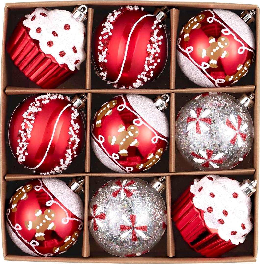 Valery Madelyn Christmas Ball Ornaments, 9ct Candy Cane Red White Shatterproof Christmas Tree Decorations Set, 2.76 Inch Decorative Hanging Hanging Ornament Bulk for Xmas Holiday Party Decor