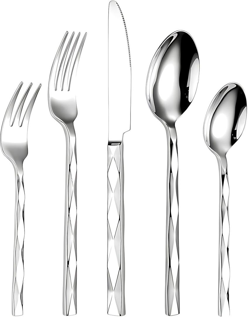 20 Piece Silverware Set, Stainless Steel Flatware Sets for 4, Mirror Polished Modern Design Cutlery Utensil Sets Include Dinner Knives Spoons and Forks for Home, Restaurant (Silvery-Diamond)