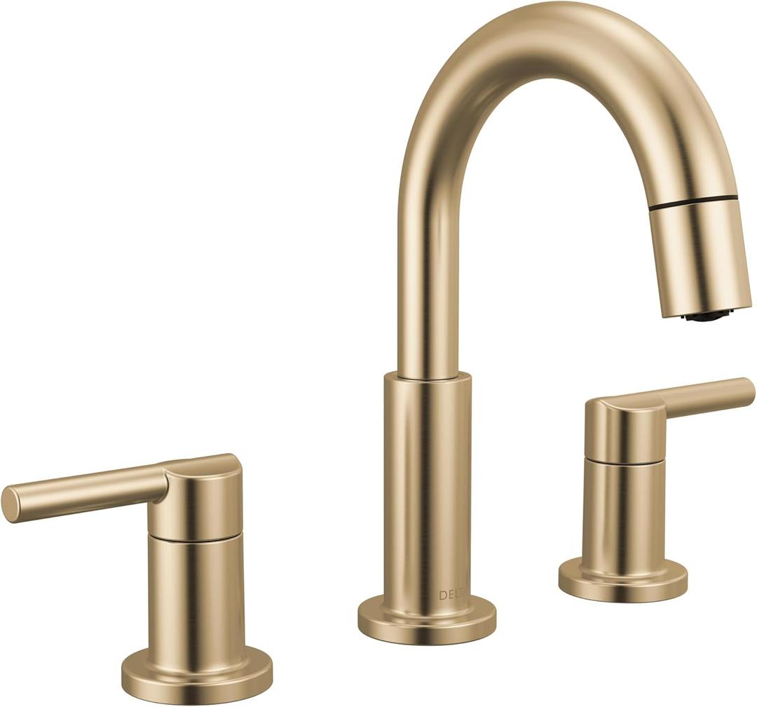 Delta Nicoli Brushed Gold Bathroom Faucet with Sprayer, 8 Inch 3 Hole Widespread with Pull Out Sprayer, Push-Pop Drain, Champagne Bronze 35749LF-CZPD