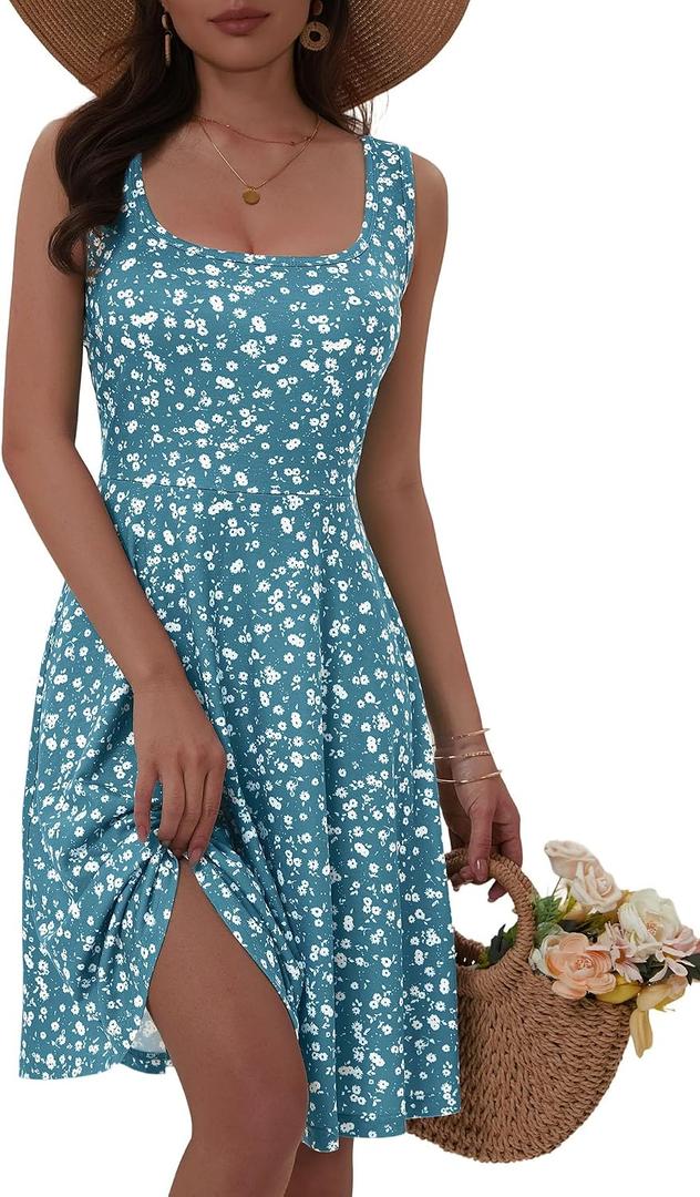 FENSACE Summer Dresses for Women Sleeveless Knee Length Floral Tank Dress (Blue, M)