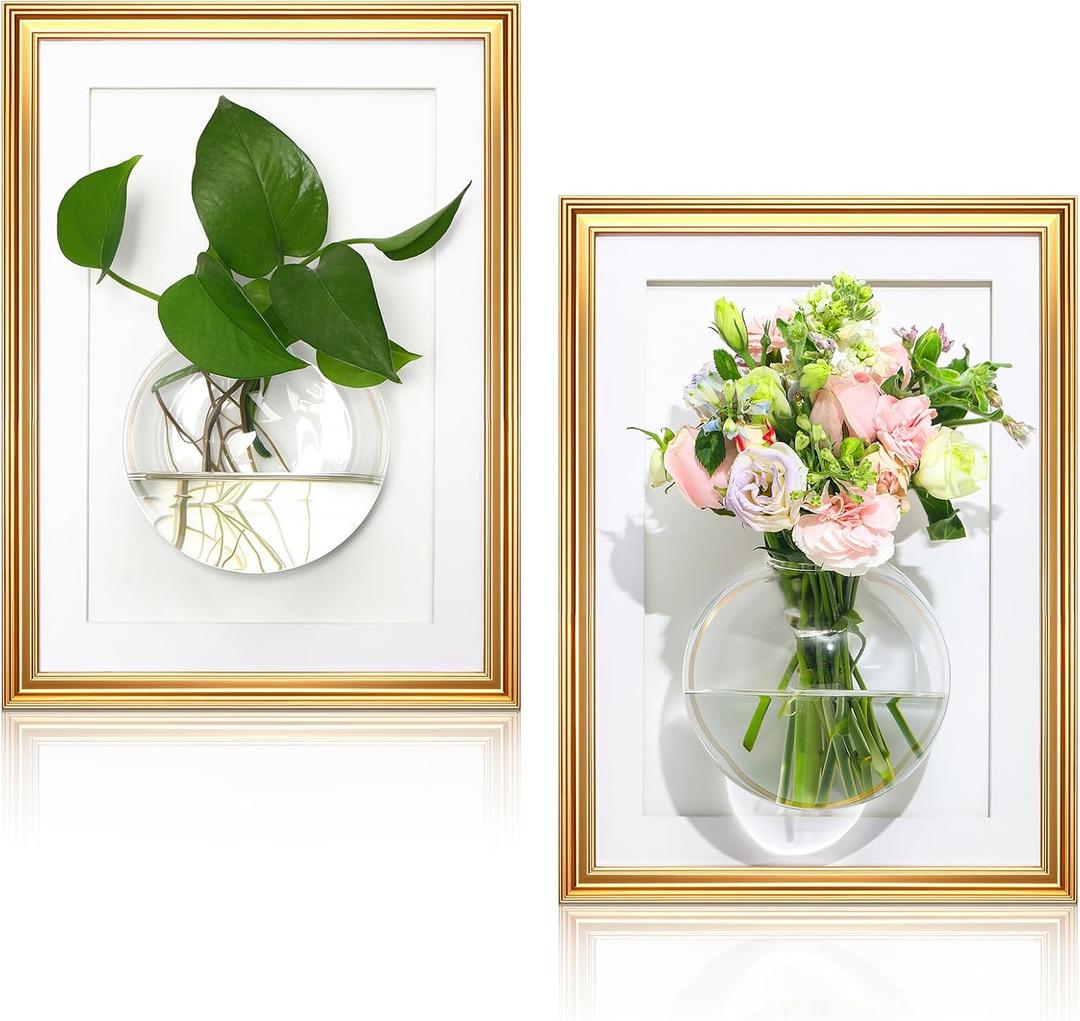 Chunful 2 Set Wall Hanging Planter Propagation Station with Wood Picture Frame and Glass Flower Vase for Hydroponics Plants Home Office Bathroom Living Room Decor
