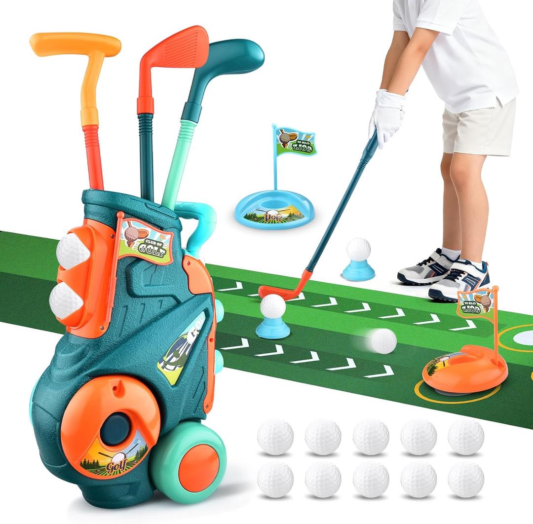 Toddler Golf Set with Putting Mat, Upgraded Kids Golf Cart with Shoulder Strap, Toddler Glove, Plastic Clubs, 10 Balls, Indoor Outdoor Sports Toys Birthday Gift for Boys Girls Aged 3 4 5+ Years Old