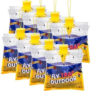 Disposable Fly Traps 8 Pack Bags Outdoor, Flies Catcher Traps with Natural Pre-Bait Refill Repellent, Reusable Stable Horse Ranch Trapper Outdoor Hanging Fly Killer Helps Control Flies