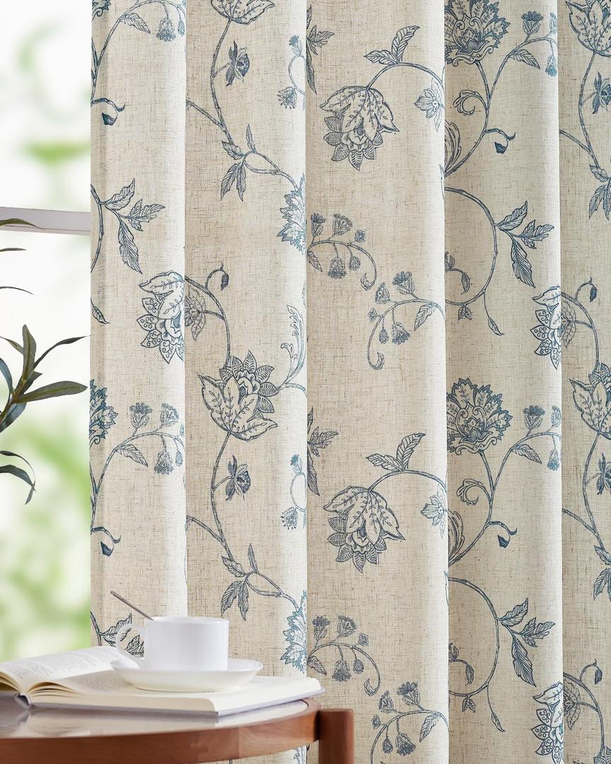 jinchan Linen Curtains Floral Curtains 63 Inch Length for Living Room Bedroom Light Filtering Rod Pocket Back Tab Jacobean Curtains Flax Linen Texture Window Drapes Set 2 Panels Blue on Linen