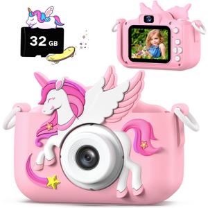 Upgrade Kids Camera for Boys Girls, Toddler Digital Selfie Camera with Cute Protective Cover and 32G SD Card, Christmas Birthday Gifts Toys for 3 4 5 6 7 8 9 10 11 12 Years Old Little Girls and Boys (Pink)