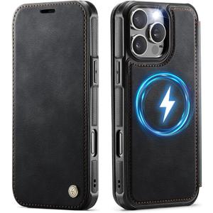 for iPhone 16 Pro Case Wallet Compatible with Magsafe, Slim PU Leather Flip RFID Blocking Card Holder Stand Shockproof Magnetic Women Men Wallet Phone Case Cover for iPhone 16 Pro, Black