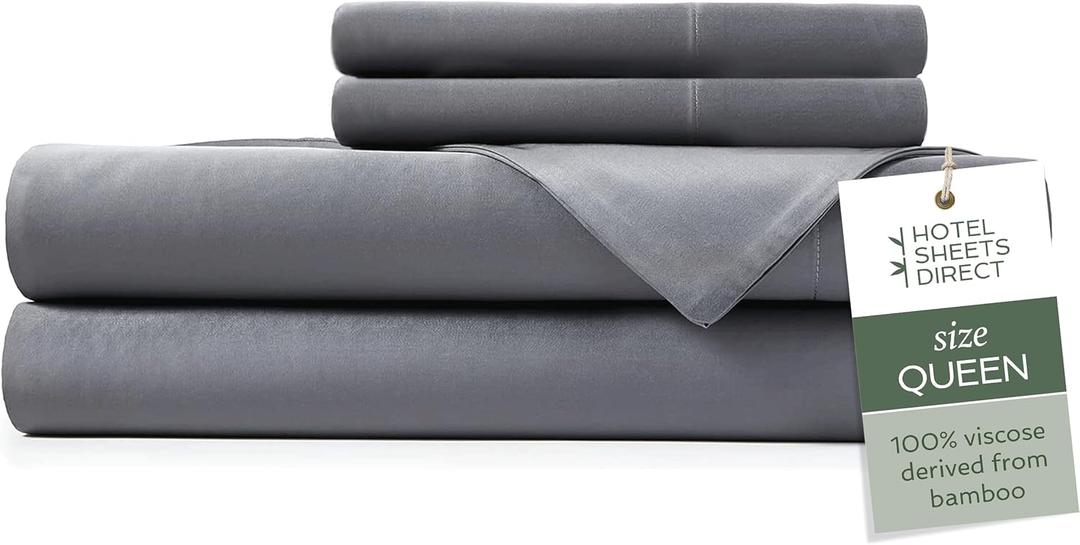 Hotel Sheets Direct 4 Piece Bed Sheet Set Queen Size, 100% Viscose Derived from Bamboo Sheets Set with 2 Pillowcases, Cooling & Breathable Luxury Bedding, Moisture-Wicking & Silky Soft, Dark Gray