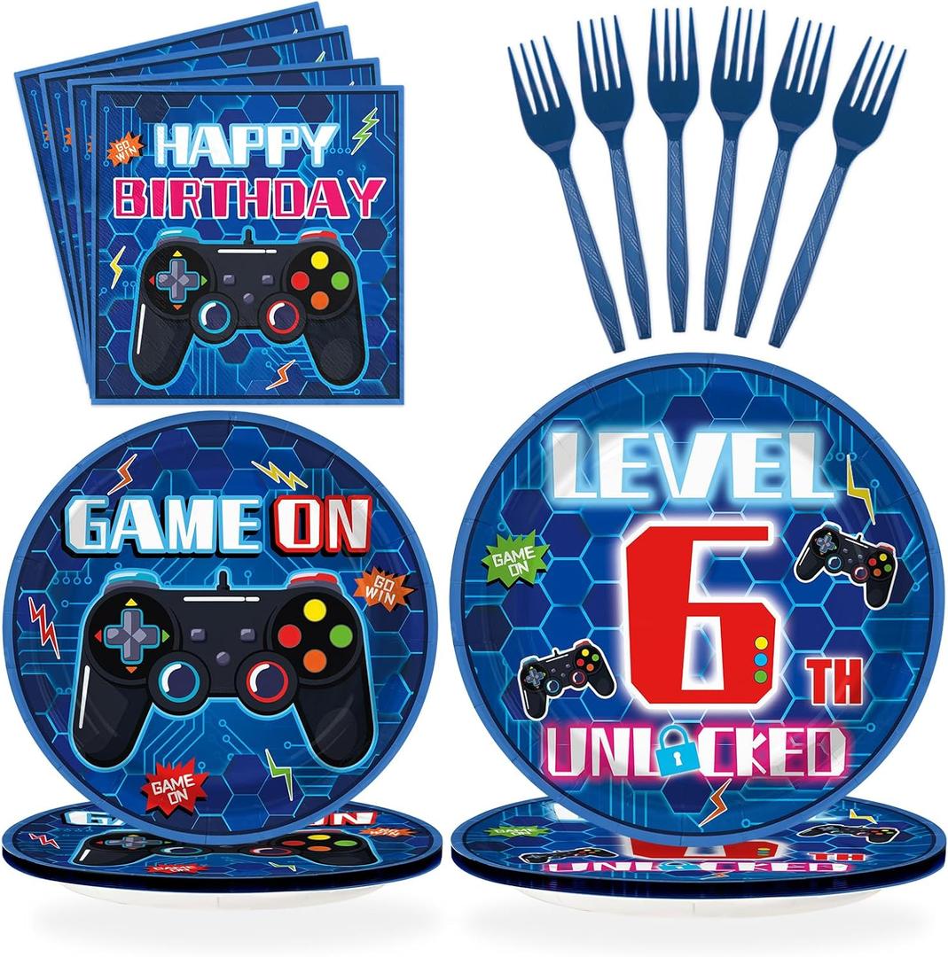 96 Pcs 6th Video Game Birthday Party Decorations Blue Video Game Level 6 Birthday Plates and Napkins Tableware Sets for Kids Boys 6 Years Old Gamer Gaming Party Supplies Favors Serves 24