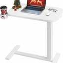 HUANUO 28Inch Bedside Table with Wheels, Height-Adjustable Rolling Computer Cart, Overbed Table with Cup Holder, Pneumatic Laptop Standing Desk for Home Office, White, Small-28 Inch