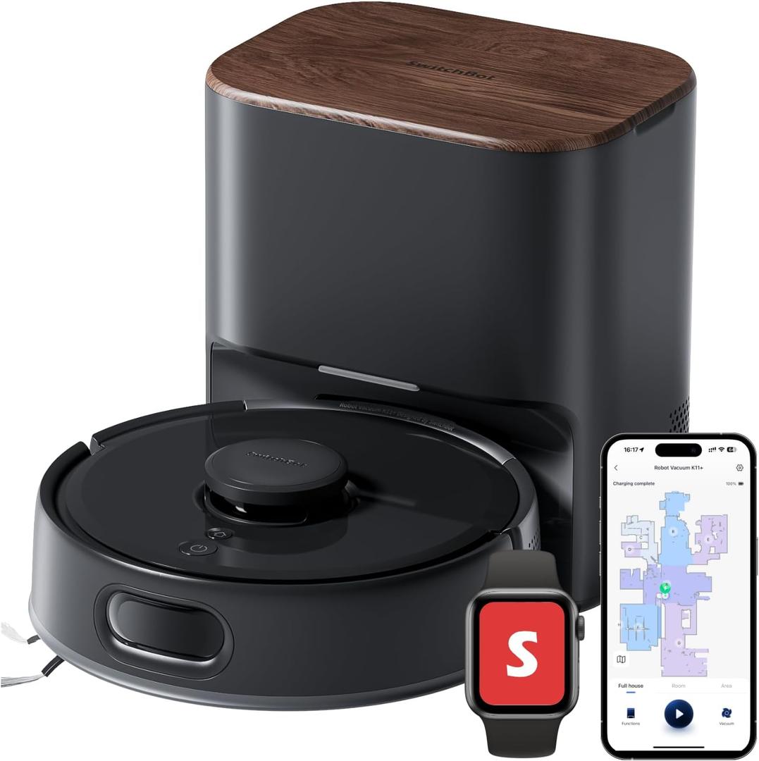 SwitchBot K11+ Robot Vacuum & Mop with Matter, 6000Pa Suction, 90-Day Hands-Free Self-Emptying, LDS Navigation, 3.6 Ultra-Slim, Anti-Tangle for Pet Hair, Works with Alexa, Google Home, Apple Home
