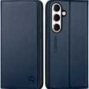 SHIELDON Case for Galaxy S25 FE 6.7" 5G, Genuine Leather Folio Wallet Case Magnetic Kickstand RFID Blocking Card Slots Shockproof Protective Cover Compatible with Galaxy S25 FE 2025 - Navy Blue
