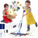 Kids Spray Mop - Chores Chart Set Montessori Cleaning Toy Set with Real Water Sprayer 2PCS Washable Pads and 10PCS Disposable Mop Pads for Ages 3-8 (Blue)