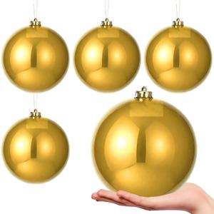 4 Pcs 6 inch Extra Large Gold Christmas Ornaments Balls Plastic Giant Jumbo Shiny Xmas Tree Hanging Decoration for Home Outside Holiday Lawn Yard Party (4, Gold, 6 in)