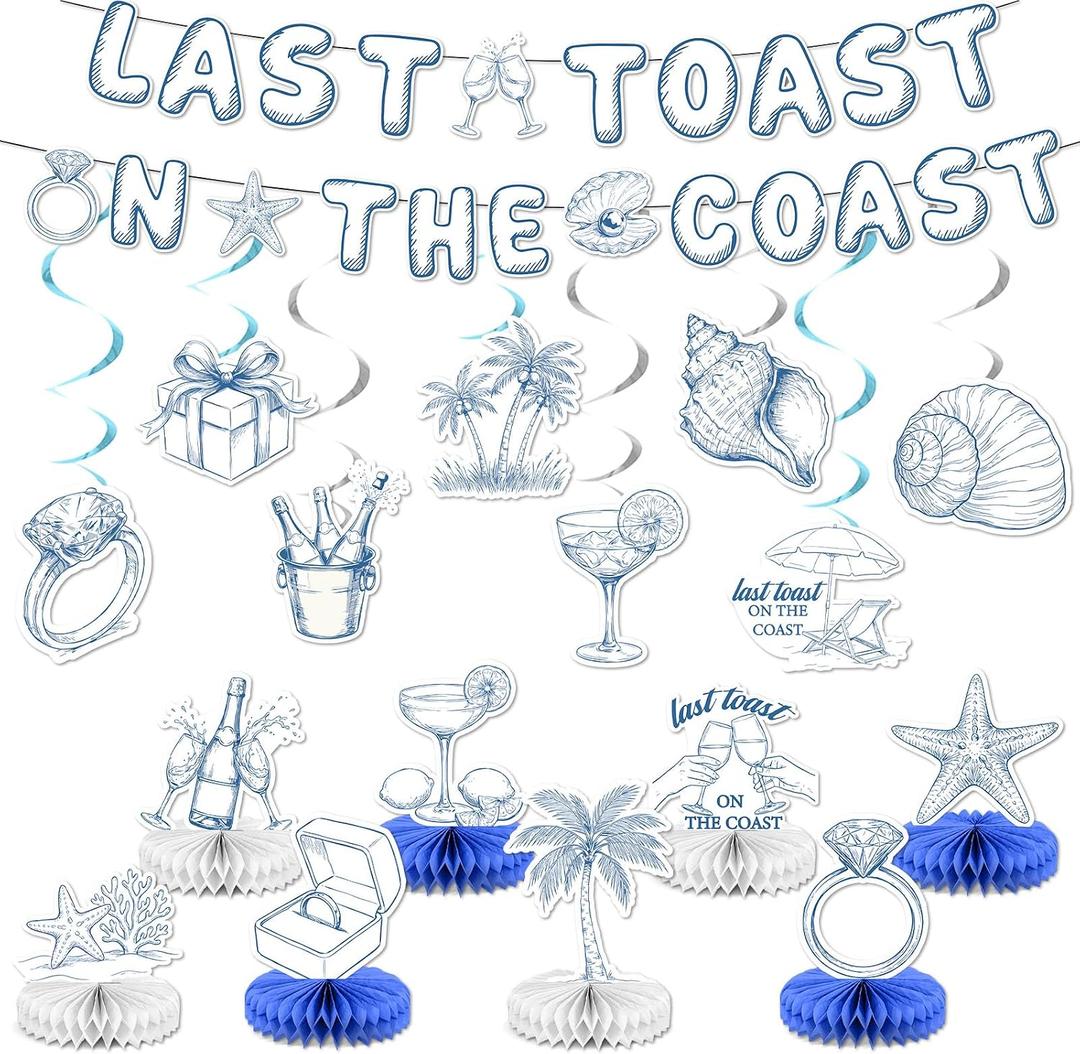 Last Toast on the Coast Bachelorette Party Decorations Beach Theme Banners Hanging Swirls Honeycomb Centerpieces for Blue Bachelorette Coastal Summer Bridal Shower Bride to Be Wedding Party Supplies