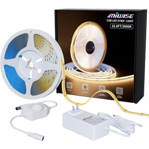 MIWISE COB LED Strip Light 32.8ft/10m,CRI 90+ Warm White 3000K High Lumen Dimmable Super Bright Flexible DC24V LED Tape Light with Controller/Dimmer,for Cabinet Home Office DIY Lighting Projects