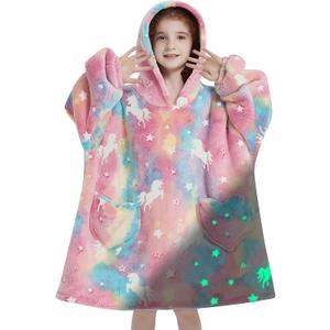 Fiosnow Glow in the Dark Unicorn Blanket Hoodies for Kids 6-13YR Oversize Wearable Blanket Hoodies for Boys Girls Teens (Pink Luminous Unicorn)