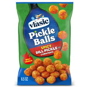 Vlasic Pickle Balls, Spicy Dill Pickle Corn Puffs, 6.5 oz. (12-pk) Vlasic Dill Pickle Flavored Corn Puffs; Gluten-Free; Perfect for Lunchboxes & Game Day; a Fun Gift for Pickle Lovers, EXP: 05/19/2026