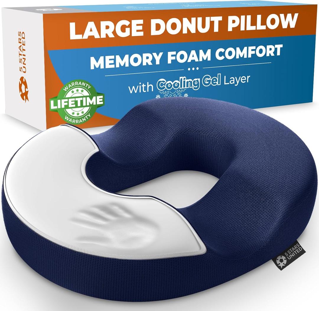 5 STARS UNITED Donut Pillow Hemorrhoid Tailbone Cushion  Large Cushion for Pain Relief  Coccyx, Prostate, Sciatica, Pelvic Floor, Pressure Sores, Pregnancy, Postpartum Recovery, Blue