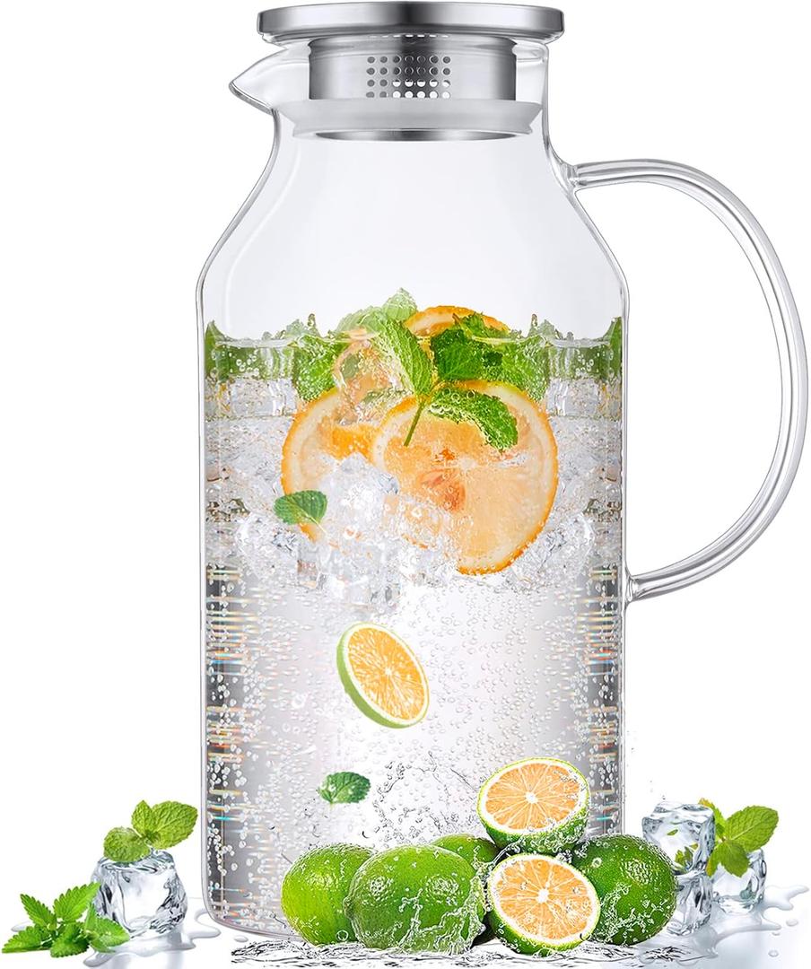 2.6 Liter 88 oz Glass Pitcher with Lid and Spout, Glass Water Carafe for Hot/Cold Water, Iced Tea Pitcher, Large Pitcher for Coffee, Juice and Homemade Beverage (87.9 Ounces)