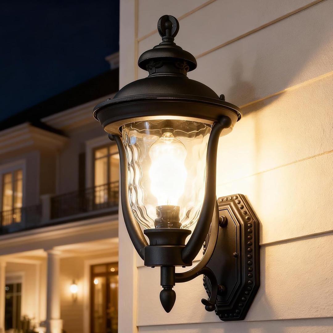 Wall Mounted Outdoor Light Fixtures,Water Ripple Glass Outdoor Lights,18.7Inch Exterior Light Fixtures Wall Mount,Vintage Style Waterproof Black Porch Light Outside Lights For House,Front Porch