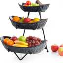 3 Tier Fruit Bowls with Metal Stand, Porcelain Fruit Basket for Kitchen Counter Fruit Display Stand for Party, Vegetable,Snack, Dessert, Blue