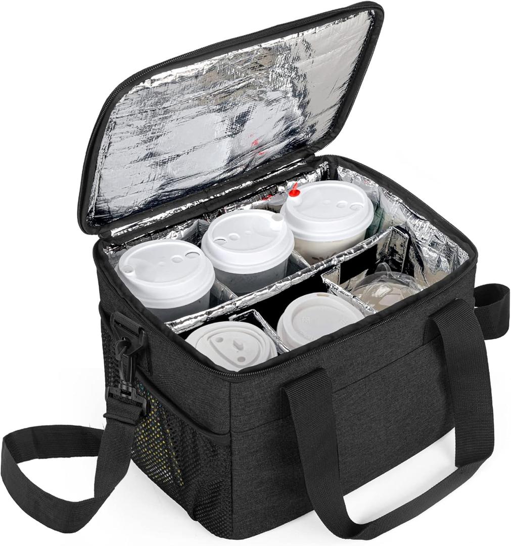 Trunab Reusable 6 Cups Drink Carrier for Delivery Insulated Drink Caddy with Handle and Shoulder Strap, Adjustable Dividers, Beverages Carrier Tote Bag, for Daily Life Takeout, Outdoors, Travel